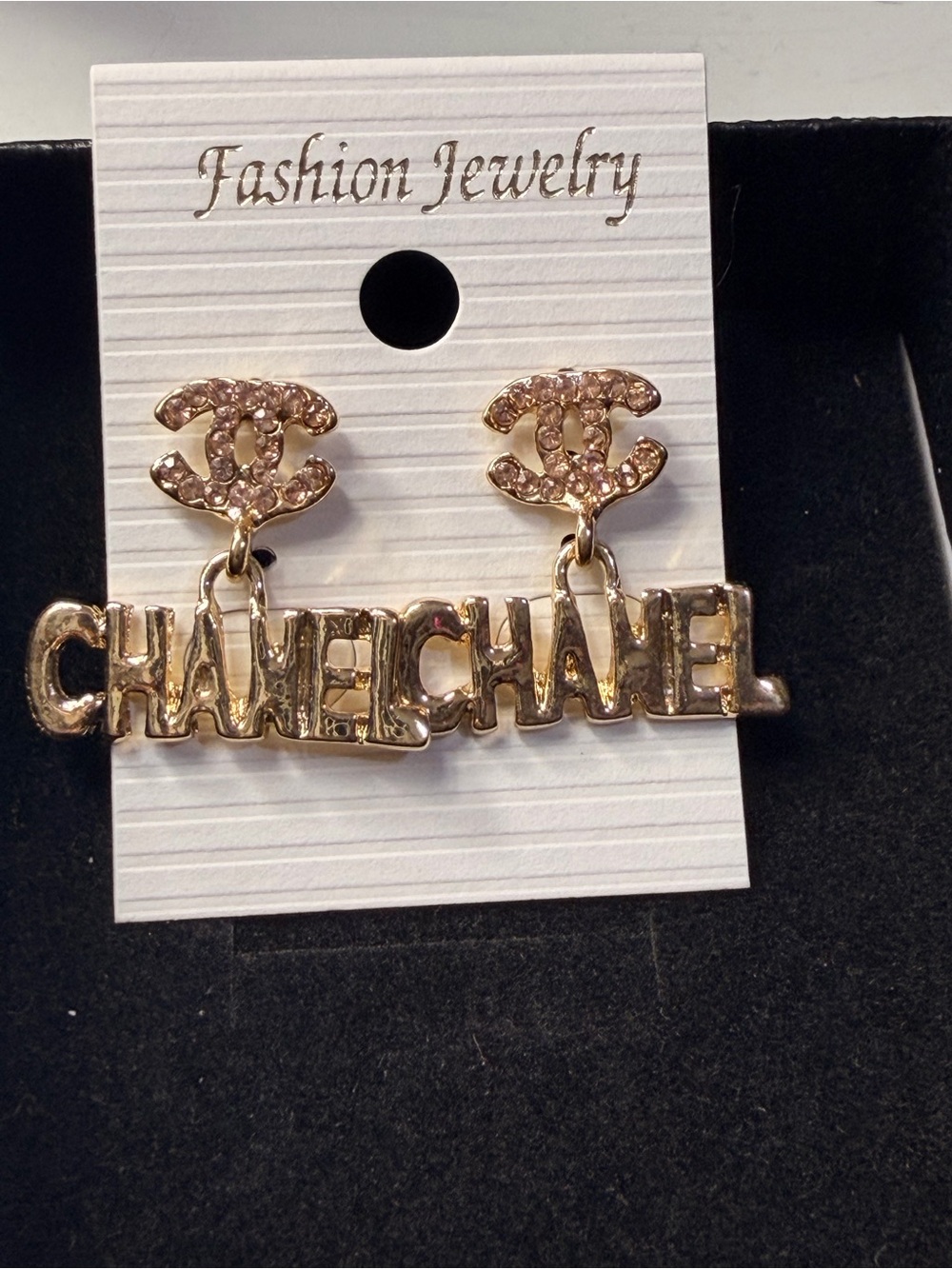 Fashion Jewelry Gold-Tone Logo Drop Earrings with Crystal Accents